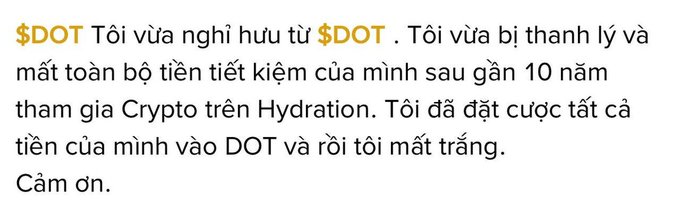 Vietnamese-language social media post about $DOT cryptocurrency, with the author claiming to have lost nearly 10 years of savings after liquidating all holdings in DOT on Hydration.