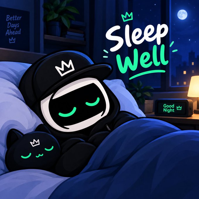 An illustration showing a hooded character with green glowing eyes sleeping in bed next to a black cat, with 'Sleep Well' text, 'Better Days Ahead' poster, and a 'Good Night' alarm clock.