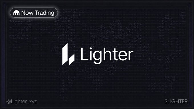 A dark graphic for 'Lighter' featuring their logo, the text 'Now Trading', the Twitter handle '@Lighter_xyz', and the ticker '$LIGHTER'.