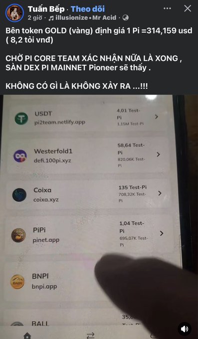 A Vietnamese social media post by 'Tuấn Bếp' discussing a 1 Pi token valued at $314,159, showing a list of various cryptocurrency platforms like USDT, Coixa, PiPi, and BNPI.