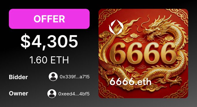 A screenshot of an NFT marketplace offer showing '$4,305' or '1.60 ETH' for the domain '6666.eth', with bidder '0x339f...a715' and owner '0xeed4...4bf5'.