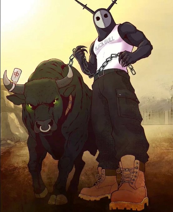 A digital illustration of a muscular black figure wearing a white mask, chains, and a 'BLACK BULL' tank top, standing next to a menacing dark bull with a nose ring in a dusty arena.