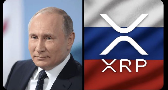 This split image displays Vladimir Putin on the left and the XRP logo superimposed over the Russian flag on the right, suggesting a connection between XRP's growth and Russia.