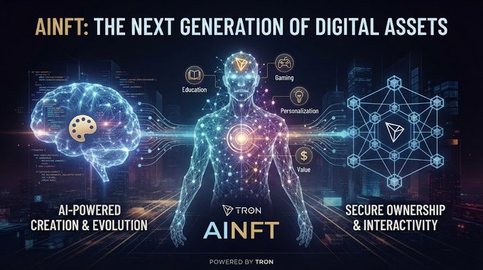 A promotional graphic for 'AINFT: THE NEXT GENERATION OF DIGITAL ASSETS' powered by TRON, featuring a digital human and AI icons.