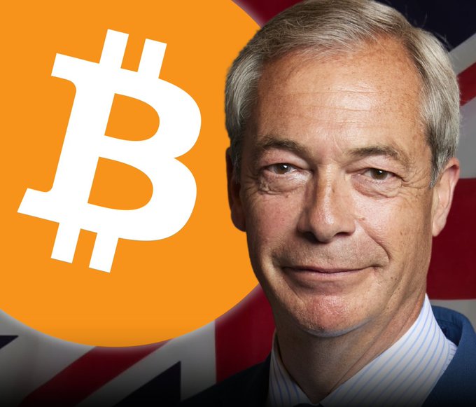 A portrait of a gray-haired man in a suit appears alongside a large Bitcoin logo on an orange circle, with the British flag visible in the background.