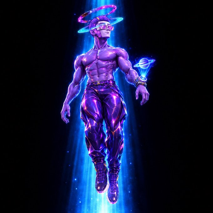 A 3D rendered digital character with purple metallic skin, wearing futuristic sunglasses and pants, standing against a dark backdrop with blue light rays and floating planetary rings.