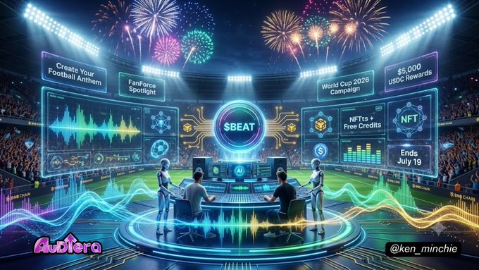 A vibrant digital artwork depicting a futuristic stadium event for the 'World Cup 2026 Campaign' featuring DJ booths, audio waveforms, and '$5,000 USDC Rewards', with credits to 'Audiera' and '@ken_minchie'.