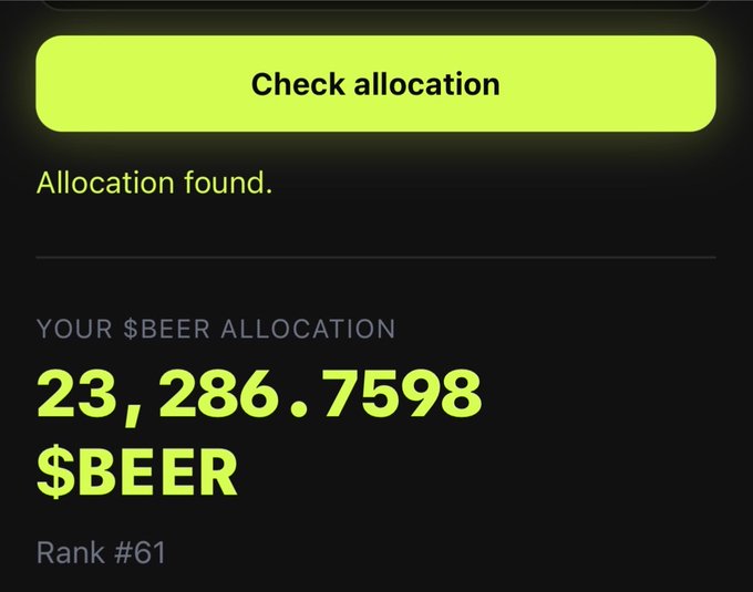A screenshot showing a '$BEER allocation' of 23,286.7598 with a 'Check allocation' button and 'Rank #61'.