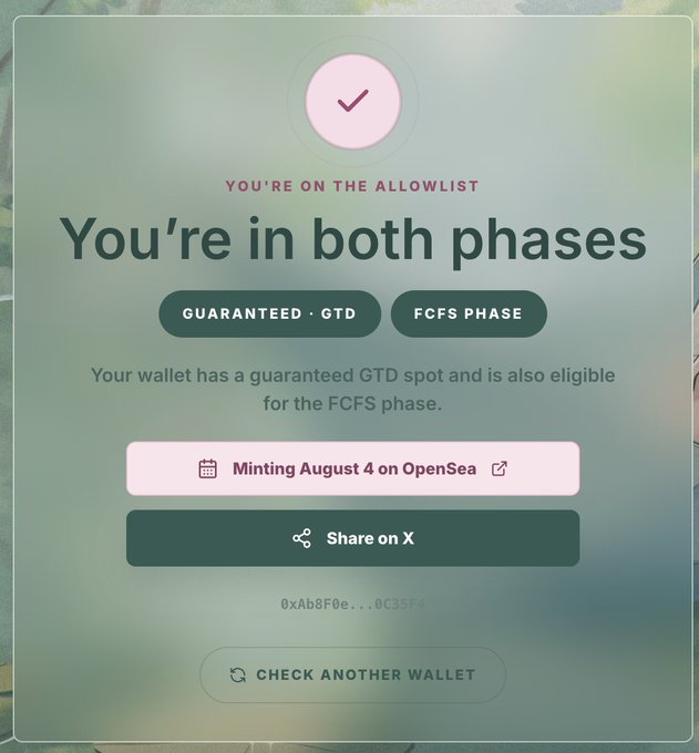 A notification showing "You're in both phases" with "Guaranteed · GTD" and "FCFS Phase" badges, indicating minting eligibility for August 4 on OpenSea for wallet 0xAb8F0e...0C35F4. The image confirms the user's GTD and FCFS eligibility for the @momoyumemi mint, matching their post about being on the allowlist.