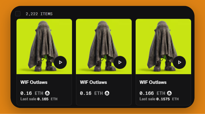Three identical "WIF Outlaws" NFT listings displayed at 0.16 ETH (last sale ~0.165 ETH) under a count of 2,222 items, showing a cloaked figure on a green background.