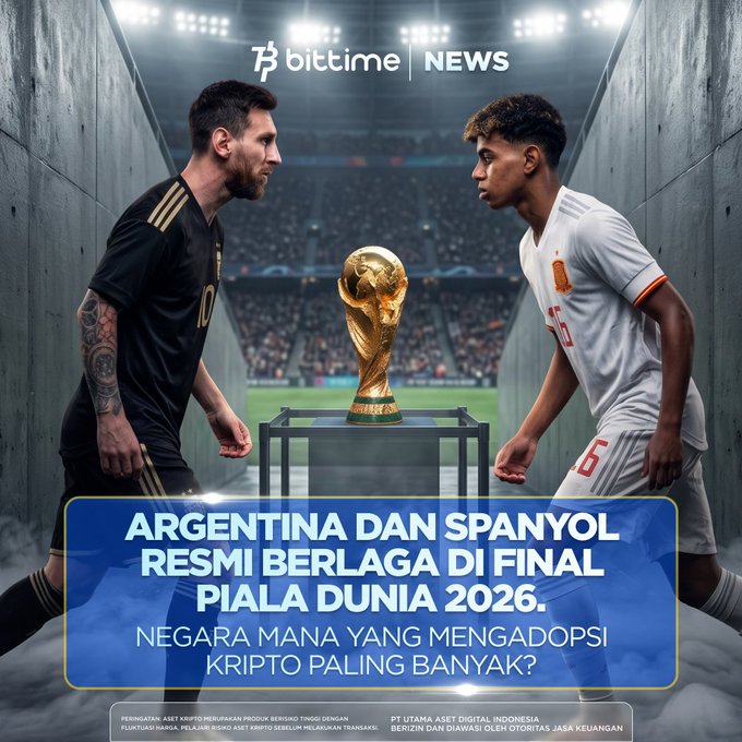 The image shows a promotional graphic from "bittime NEWS" featuring two soccer players—one in a black Argentina jersey and one in a white Spain jersey—facing off on either side of the FIFA World Cup trophy in a stadium tunnel. The Indonesian text reads "ARGENTINA DAN SPANYOL RESMI BERLAGA DI FINAL PIALA DUNIA 2026. NEGARA MANA YANG MENGADOPSI KRIPTO PALING BANYAK?" (Argentina and Spain officially compete in the 2026 World Cup Final. Which country adopts crypto the most?).

The image ties into the post by using the dramatic World Cup final imagery to frame a discussion about Argentina's high cryptocurrency adoption rate (~20% of population) and the role of USDT in protecting asset value.