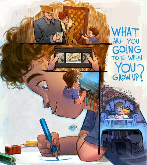 An illustration of a child's profile filled with memories showing a VHS tape labeled 'Berlin,' toys, and a TV, with the text 'WHAT ARE YOU GOING TO BE WHEN YOU GROW UP?'