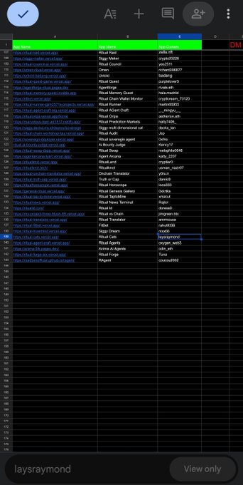 iOS Files app showing a spreadsheet of Ritual token information including names like 'Ritual Rare', 'Ritual Council', 'Ritual Quest', 'Ritual Memory Quest', and 'Ritual Citizen', shared by user 'laysraymond' with view-only access.
