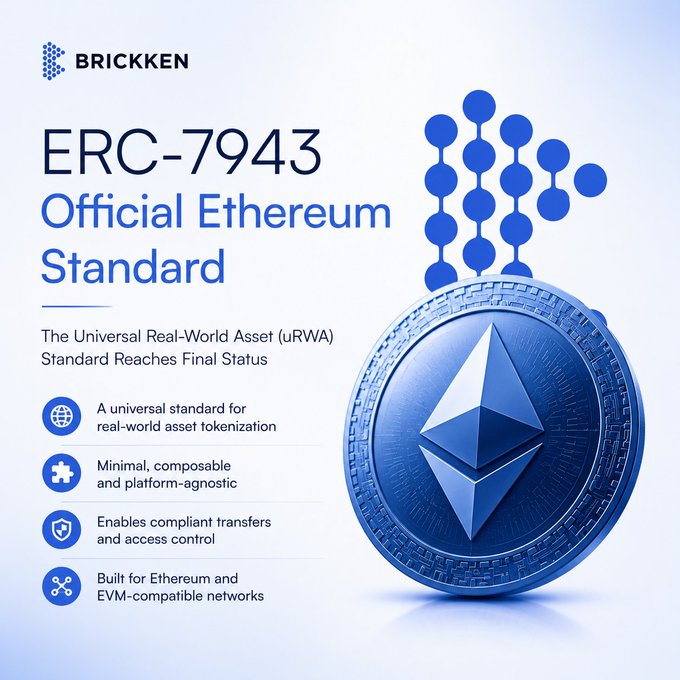 The image features a blue coin with a unique design, possibly a cryptocurrency or token, placed prominently against a white background. The text "ERC-7943 Official Ethereum Standard" is written above the coin, indicating that this is an official standard for tokens on the Ethereum blockchain. The image also includes several icons related to the Ethereum protocol and its standards, such as the "Real World Asset (RWA)" icon and the "Standard Reaches Final Status" icon. These icons suggest that the image is promoting a new standard or regulation in the world of cryptocurrency and tokenization systems.