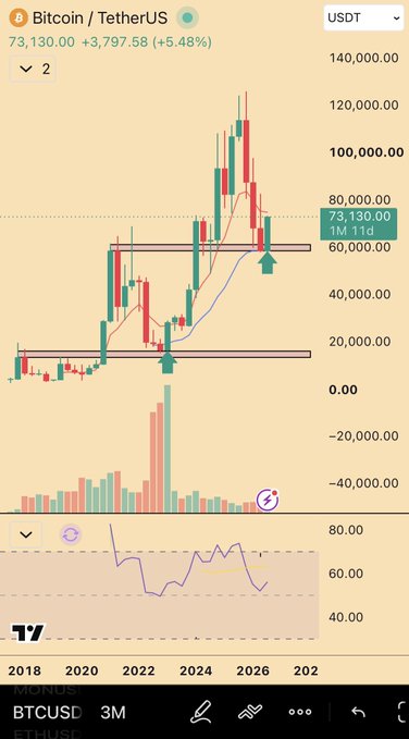 A candlestick chart of Bitcoin/TetherUS (BTC/USDT) showing the current price at 73,130.00 USDT, up +5.48% (+3,797.58), with monthly candles from 2018 through 2026 and an RSI indicator below, illustrating Bitcoin's historical price action referenced by the "$BTC" tag.