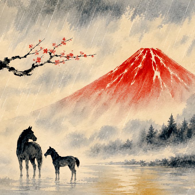 A Japanese-style watercolor painting depicting Mount Fuji tinted red with snow-capped peaks, a branch of plum blossoms in the upper left, and two black horses standing in water under a rainy sky.