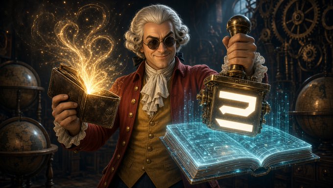 A digital artwork depicting an 18th-century-style man with white hair and round glasses holding a glowing book and a stamp with a letter 'Z', set against a backdrop of gears and an open illuminated book.