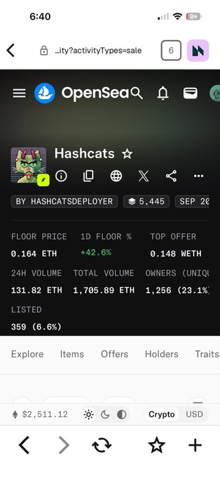 A mobile screenshot of the OpenSea app displays the 'Hashcats' NFT collection page, showing a floor price of 0.164 ETH, 24H volume of 131.82 ETH, and total volume of 1,705.89 ETH.