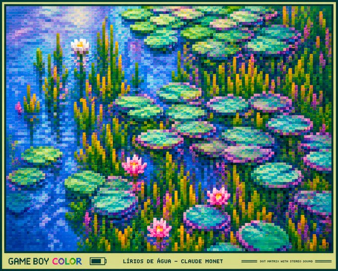 An artistic rendering of Claude Monet's 'Lírios de Água' (Water Lilies) styled to look like a Game Boy Color dot matrix display, complete with battery and stereo sound indicators.