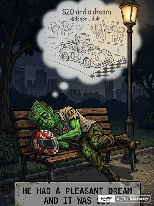 A cartoon illustration titled 'HE HAD A PLEASANT DREAM AND IT WAS $20' depicting a homeless person with a $20 bill for a face sleeping on a bench, dreaming of racing a car and fans holding $20 bills.