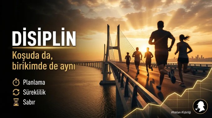 The image features a motivational Turkish-language graphic titled "DİSİPLİN" (Discipline), showing silhouettes of runners crossing a bridge at sunset, with the tagline "Koşuda da, birekimde de aynı" (The same in running and investing) alongside icons for Planning (Planlama), Consistency (Süreklilik), and Patience (Sabır). It ties to the post's announcement of Binance TR's partnership with MACTeam Runners, visually reinforcing the parallel between athletic discipline and crypto investing through the hashtag #RakamlarlaDisiplin.