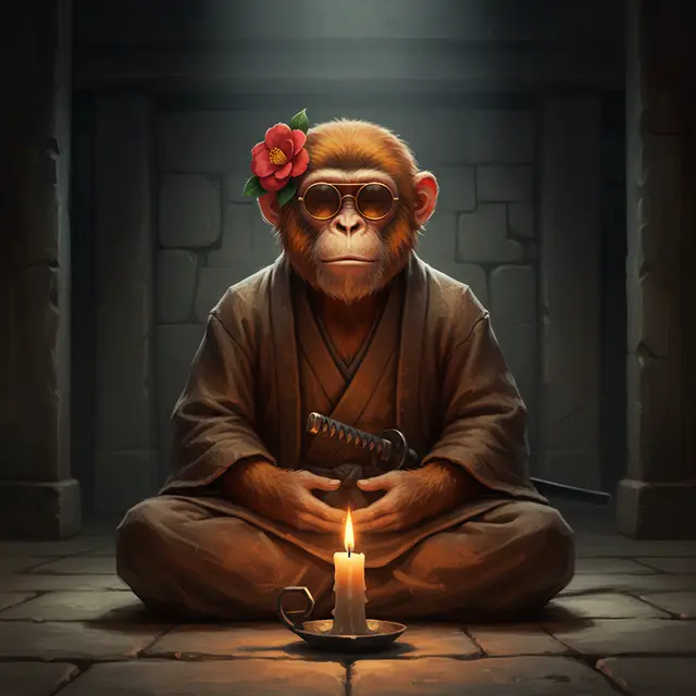 A digital illustration of a meditative monkey samurai wearing a brown robe and round sunglasses, with a red flower tucked behind its ear, sitting cross-legged beside a lit candle and katana sword in a dark stone chamber.