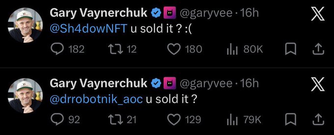 Screenshots of two tweets from Gary Vaynerchuk (@garyvee) asking users @Sh4dowNFT and @drrobotnik_aoc 'u sold it? :(' each with tens of thousands of views.