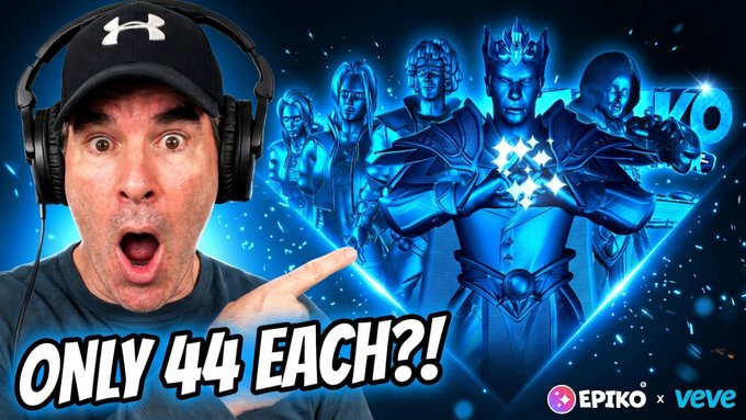 A man wearing an Under Armour cap and headphones points excitedly at a lineup of blue armored superhero characters, with text reading 'ONLY 4$ EACH?!' and logos for 'EPIKO' and 'veve' in the corner.