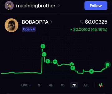 A screenshot showing a 7-day price chart for the BOBAOPPA token, priced at $0.00325, indicating a 45.46% increase ($0.00102).