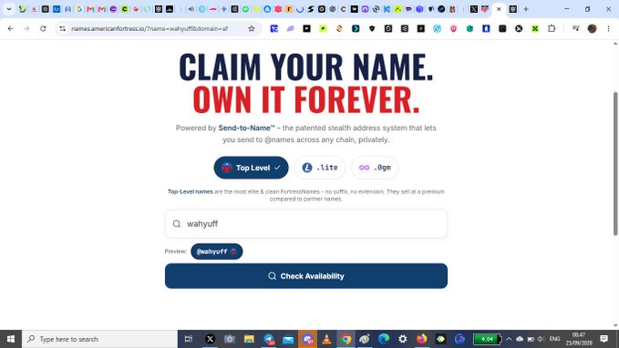A screenshot of a webpage titled "CLAIM YOUR NAME. OWN IT FOREVER." showing a search for the username "wahyuff" on a Send-to-Name domain service.