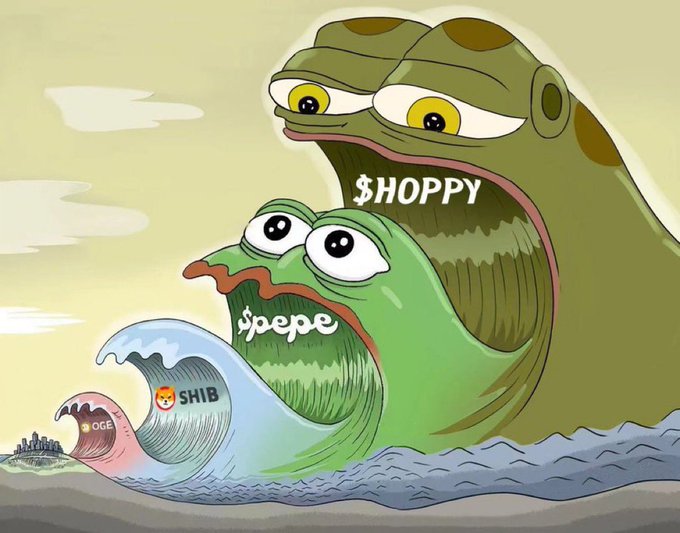 A cartoon illustration of nesting meme coins resembling a Russian doll structure in an ocean wave, labeled from largest to smallest: $HOPPY, $PEPE, SHIB, and DOGE.