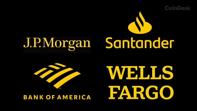 A black graphic displaying the yellow logos of J.P. Morgan, Santander, Bank of America, and Wells Fargo, with a "CoinDesk" watermark in the top right corner. The image visually represents the major U.S. and Spanish banks mentioned in the WSJ report—JPMorgan potentially launching its own stablecoin, while Bank of America, Wells Fargo, and Santander collaborate on a cross-border stablecoin initiative.