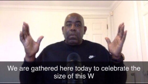A meme featuring Charles Barkley in a black Nike sweatshirt with hands raised, captioned 'We are gathered here today to celebrate the size of this W'.
