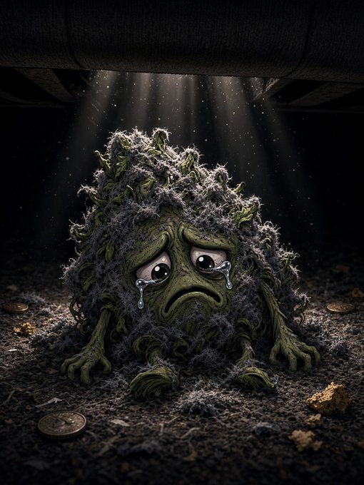 A sad, mossy creature with large, tearful eyes sits under beams of light in a dark, cave-like setting, with scattered coins on the ground around it.