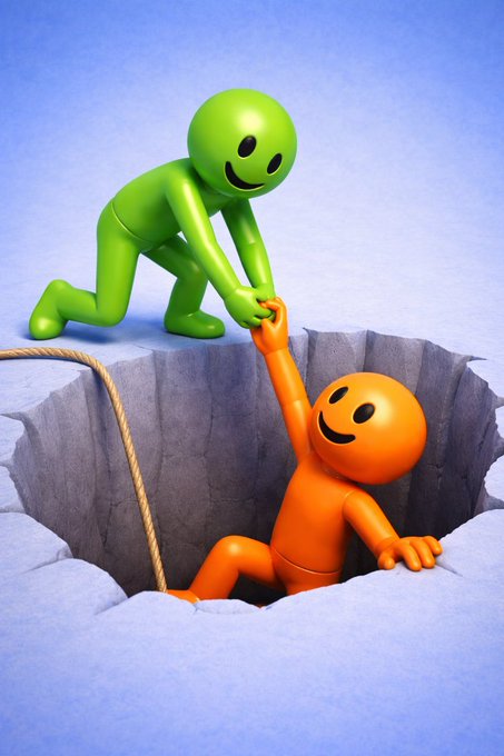 A 3D illustration showing a green smiling figure pulling an orange smiling figure out of a deep hole with a rope, set on a blue icy surface.