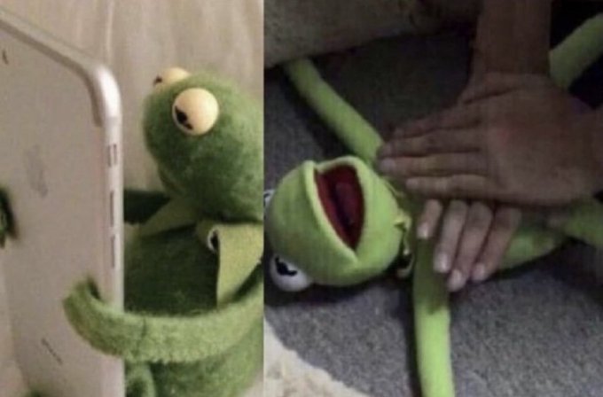 A two-panel image shows Kermit the Frog looking longingly at a white iPhone on the left, while the right panel shows someone rubbing their hand on Kermit's belly with his mouth open in apparent pleasure.