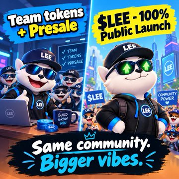 A promotional graphic for '$LEE - 100% Public Launch' featuring a 3D cartoon dog character wearing sunglasses and a 'LEE' cap, with text banners reading 'Team tokens + Presale' and 'Same community. Bigger vibes.'