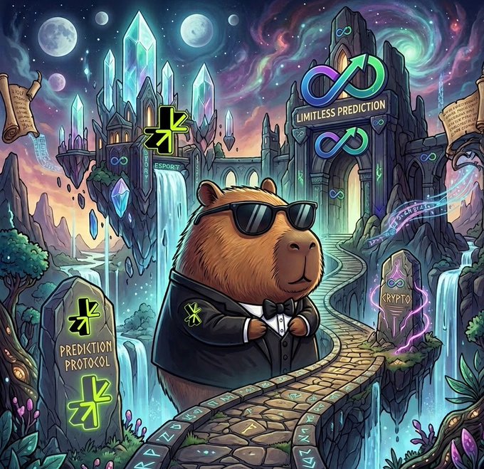 A vibrant, fantastical illustration features a capybara wearing a tuxedo and sunglasses, standing on a stone path with signs reading 'PREDICTION PROTOCOL', 'KRYPTO', and 'LIMITLESS PREDICTION' against a backdrop of crystal castles and waterfalls.