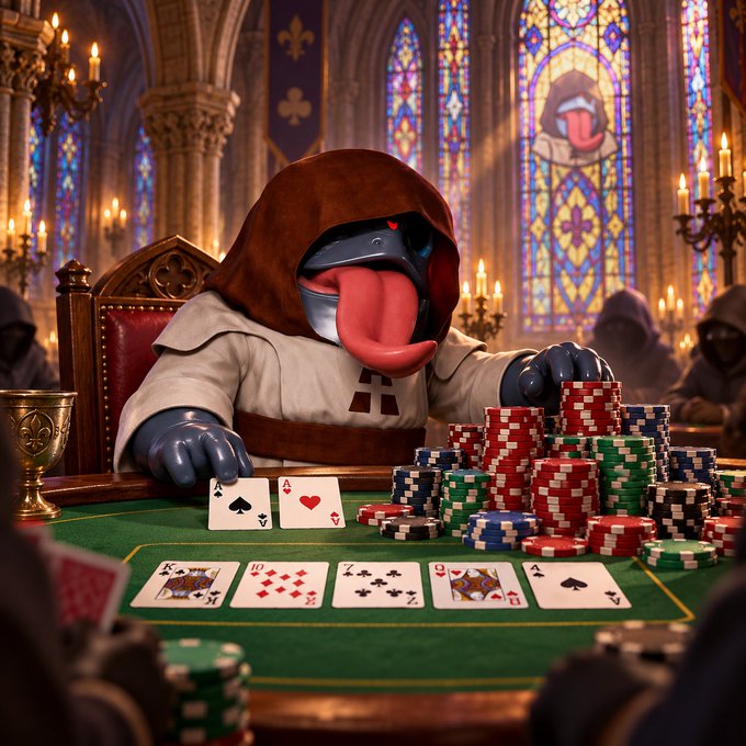 A surreal, AI-generated image depicts a hooded monk-like figure with a metallic helmet sitting at a green poker table with stacks of chips and playing cards inside a candlelit cathedral.