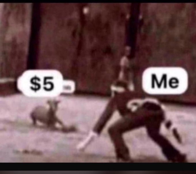 A vintage black and white cartoon meme showing a small dog labeled '$5' fleeing from a larger dog labeled 'Me'.
