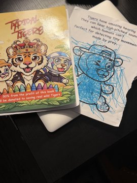 A handmade "Trading Tickers" card set titled "Facts from the profits of this year will be donated to www.york.org and Tigers" sits next to a hand-drawn card featuring a blue bear with a handwritten message supporting mental health awareness.