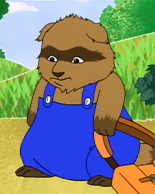 An animated cartoon otter character with brown fur wearing blue overalls, looking grumpy while holding a shovel in an outdoor setting.