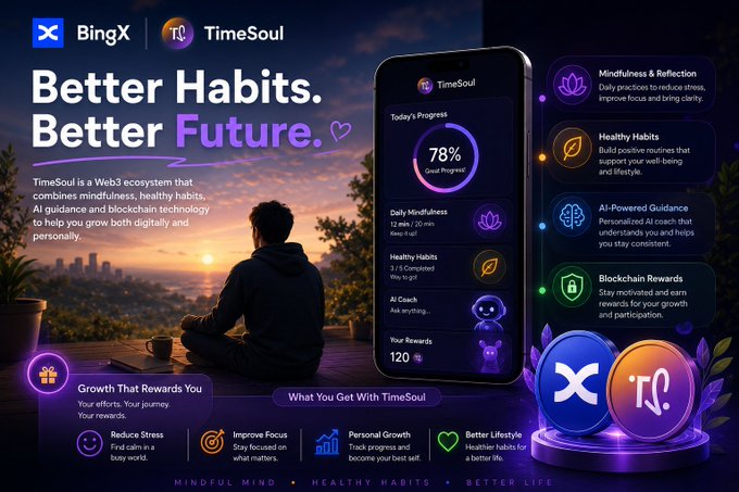 Promotional banner for the BingX x TimeSoul Web3 partnership with the tagline 'Better Habits. Better Future.' showcasing app features like Mindfulness, Healthy Habits, AI Coach, and Blockchain Rewards with a 78% progress display.