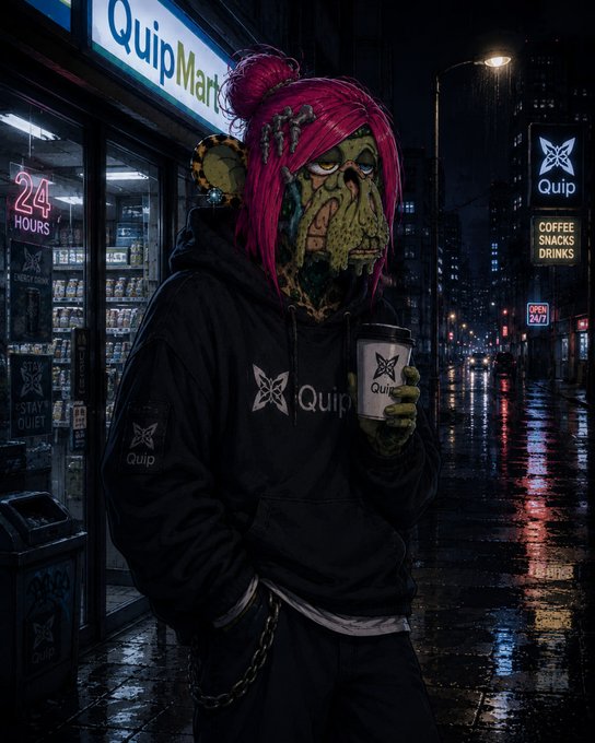 A stylized illustration of a zombie-like character with pink hair holding a 'Quip' coffee cup outside a 'QuipMart' convenience store at night on a wet city street.