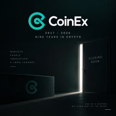 A dark promotional graphic for CoinEx with the logo and text '2017 - 2026 NINE YEARS IN CRYPTO' alongside a glowing doorway labeled 'CLOSING SOON'.