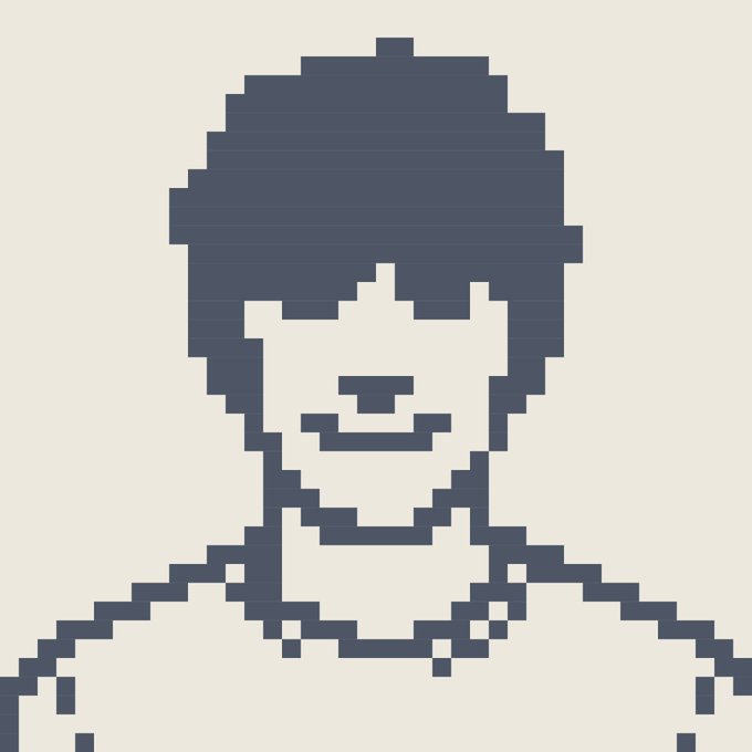 A pixelated blue silhouette of a person with sunglasses and a smiling face on a white background.