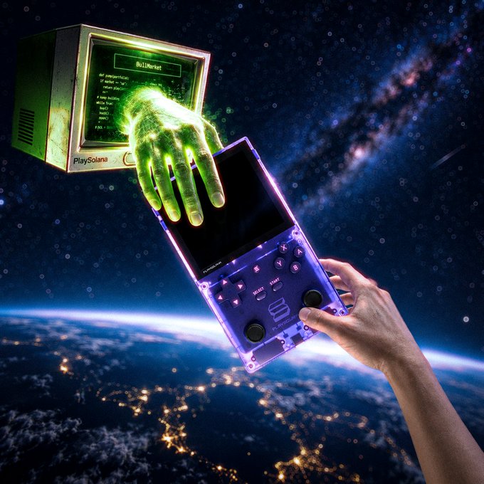 A human hand reaches out from Earth toward a translucent handheld gaming console labeled "PlaySolana" floating in space, while a glowing green holographic hand emerging from a retro terminal marked "BullMarket" grasps it back, symbolizing the cosmic intersection of retro gaming aesthetics and Solana's crypto ecosystem.