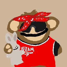 Pixel art of a brown bear wearing sunglasses, a red bandana, and a red 'RAM' shirt, holding a small white rabbit.