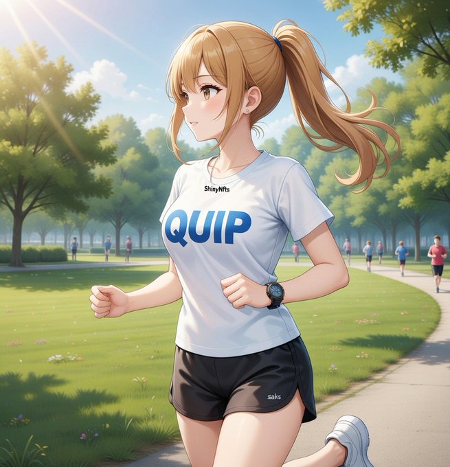 An anime-style illustration of a blonde woman jogging in a sunny park, wearing a white t-shirt with 'QUIP' and 'ShinyNfts' text, and black shorts labeled 'saks'.