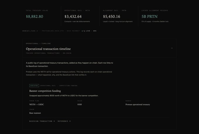The image shows a screen from a website that displays an Operational transaction timeline page, offering details about various transactions happening at once. The user can access this information by clicking on the text displayed throughout the page. In addition to understanding these details, there is also a section on the website's banner promoting WETH → USDC trading with token flow, value, rationale, and BaseScan proof. The image emphasizes the connection between the screenshot of the transaction timeline and its corresponding content on the website.